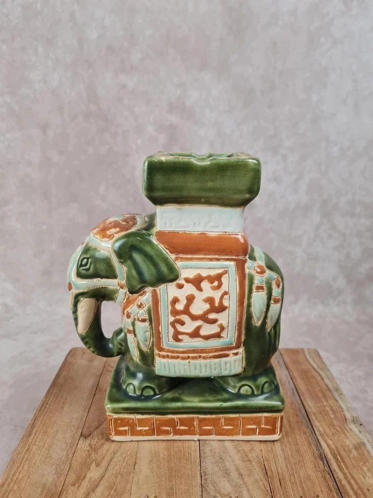 🐘 Groene en oker geëmailleerde keramische olifant asbak - vintage Aziatische stijl – photo 7